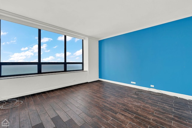 empty room with crown molding and dark wood-type flooring