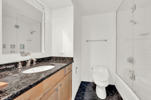 full bathroom featuring vanity, toilet, tile patterned floors, and enclosed tub / shower combo