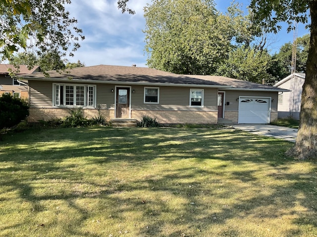 single story home featuring a garage and a front lawn