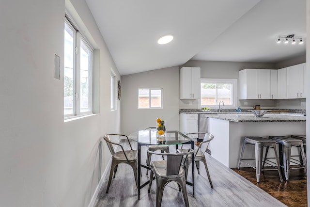 dining area with dark wood-type flooring, vaulted ceiling, and sink