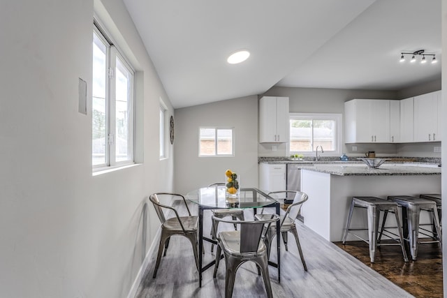 dining space featuring vaulted ceiling, dark wood-style flooring, and baseboards