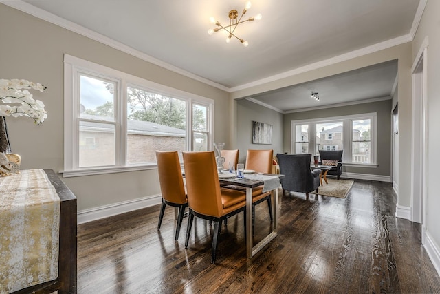 dining space with a wealth of natural light, dark wood-style flooring, crown molding, and baseboards