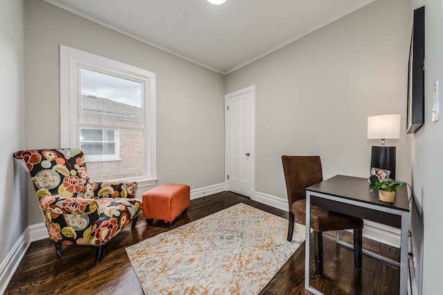 office space with crown molding and dark hardwood / wood-style flooring