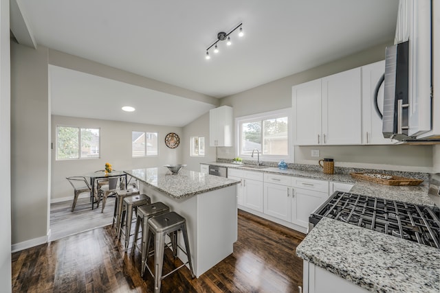 kitchen featuring a kitchen breakfast bar, a wealth of natural light, dark hardwood / wood-style flooring, and a kitchen island