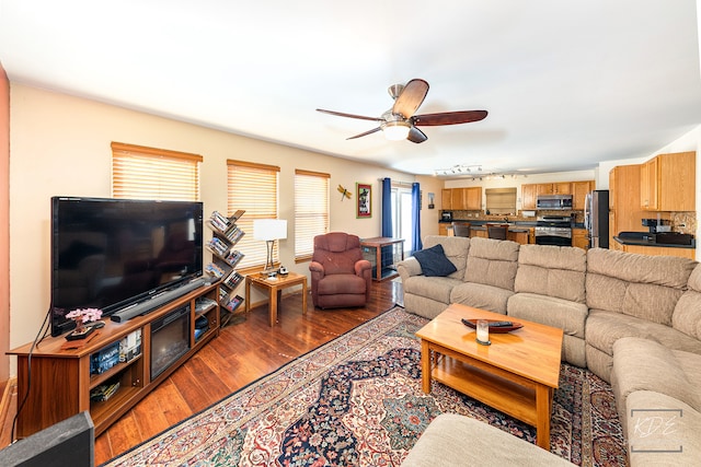 living room featuring ceiling fan and hardwood / wood-style floors