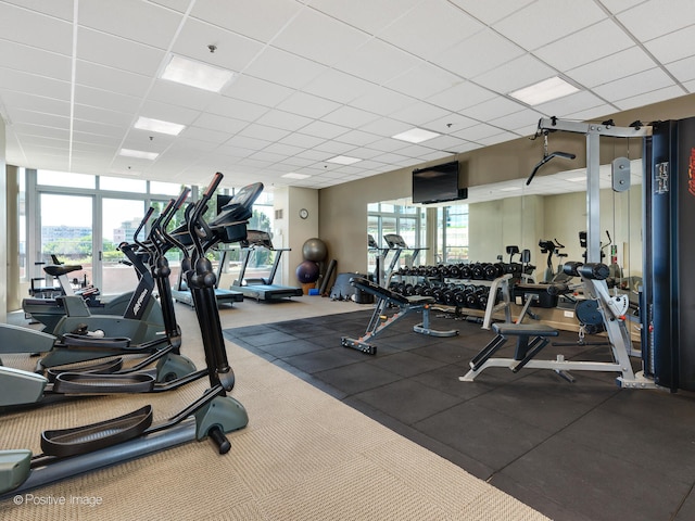 workout area featuring a drop ceiling and a wealth of natural light