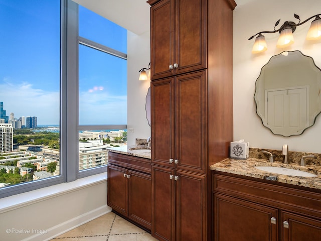 bathroom with a water view and vanity