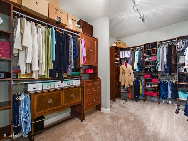 walk in closet featuring light colored carpet