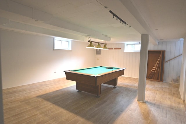 recreation room with pool table, track lighting, and wood-type flooring