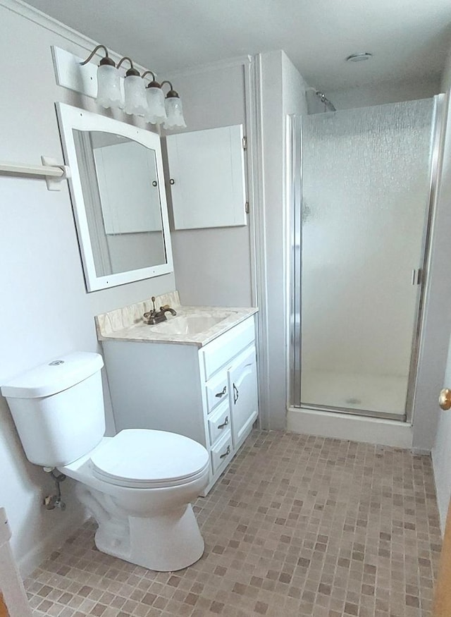 bathroom with an enclosed shower, vanity, and toilet