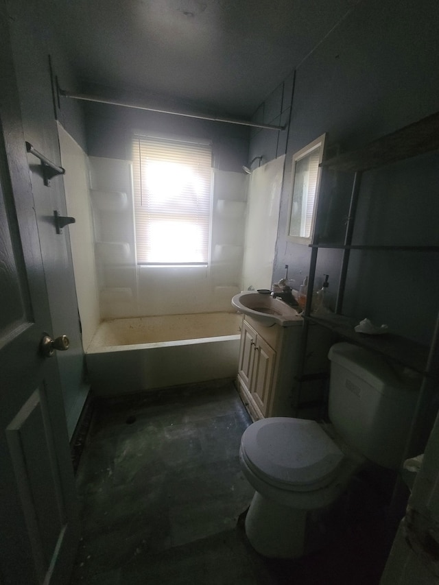 full bathroom featuring concrete flooring, shower / bath combination, toilet, and vanity