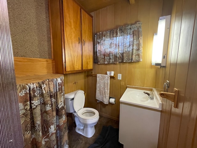 bathroom with wood walls, vanity, and toilet