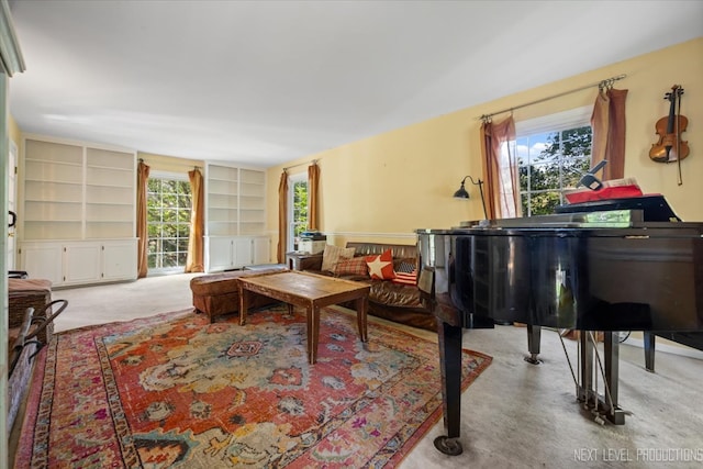 interior space with built in features, plenty of natural light, and light carpet