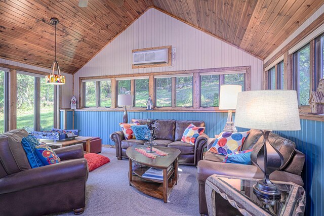 living room with carpet, wood ceiling, a chandelier, and vaulted ceiling