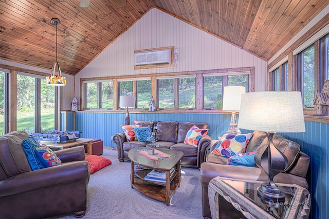 carpeted living room featuring wooden walls, wood ceiling, and high vaulted ceiling