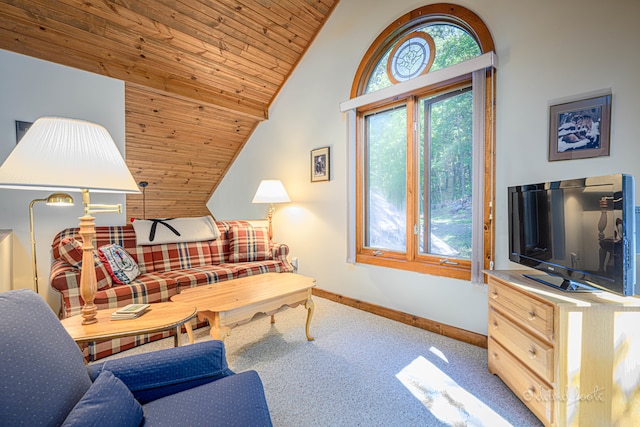 carpeted living room featuring wooden ceiling and vaulted ceiling