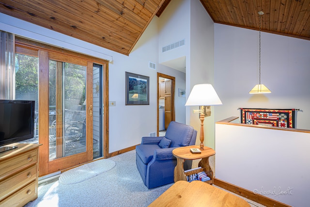 living area with high vaulted ceiling, carpet floors, and wooden ceiling