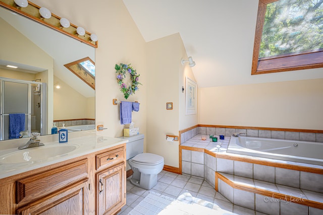 full bathroom featuring toilet, plus walk in shower, tile patterned flooring, vanity, and lofted ceiling