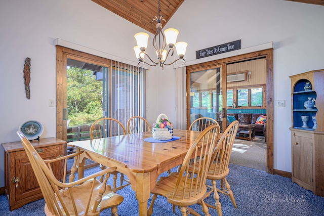 carpeted dining room with high vaulted ceiling, wood ceiling, plenty of natural light, and an inviting chandelier