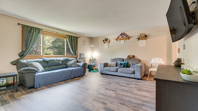 living room with a textured ceiling and hardwood / wood-style floors