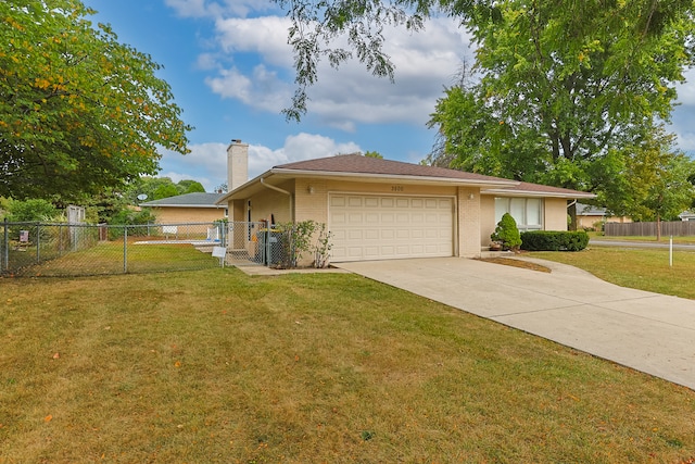 single story home with a garage and a front lawn