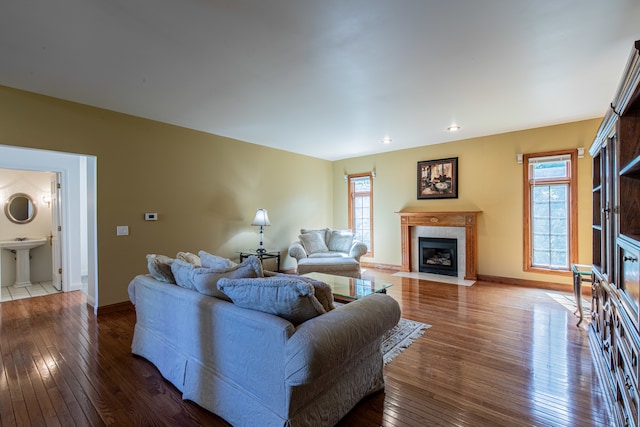 living room featuring hardwood / wood-style flooring and sink