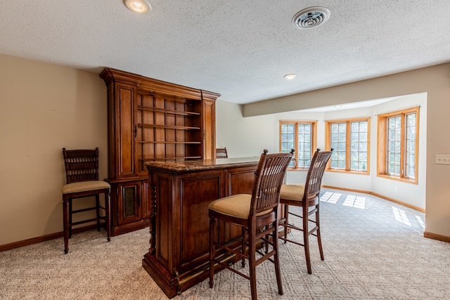 bar with a textured ceiling and light colored carpet