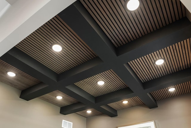 room details featuring beamed ceiling, visible vents, recessed lighting, and coffered ceiling