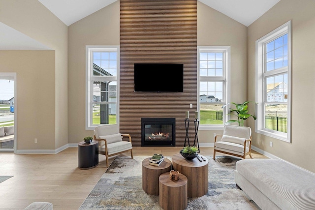 living room featuring lofted ceiling, a wealth of natural light, wood finished floors, and a fireplace