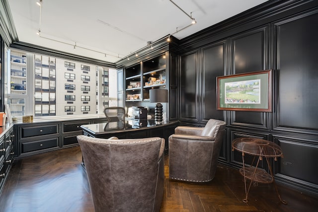 office area featuring crown molding, dark parquet flooring, and rail lighting