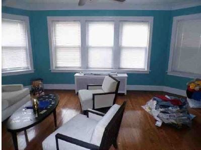 living area featuring wood-type flooring, ceiling fan, and plenty of natural light