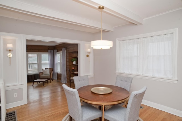 dining room featuring radiator, beamed ceiling, and light wood-type flooring