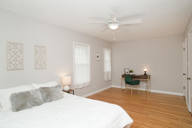 bedroom with ceiling fan and wood-type flooring