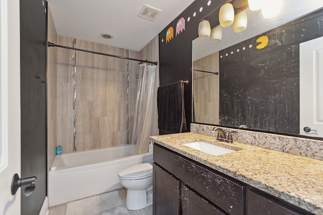 full bathroom with vanity, toilet, and shower / bathtub combination with curtain