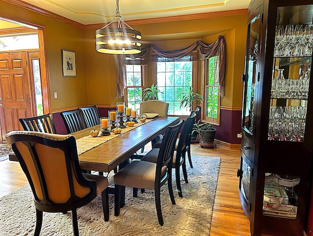 dining space with a notable chandelier, light hardwood / wood-style flooring, and ornamental molding