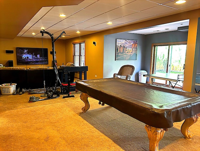 rec room with pool table and carpet floors