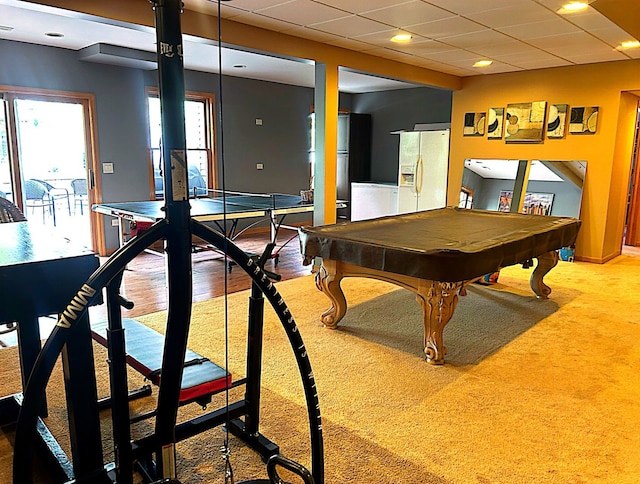 playroom featuring carpet flooring and billiards