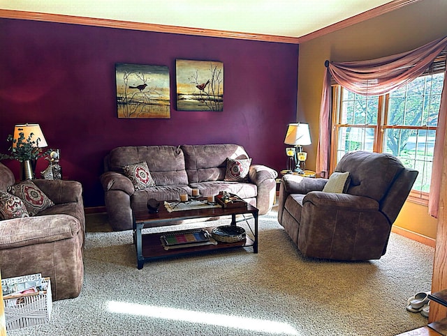 living room with carpet and crown molding