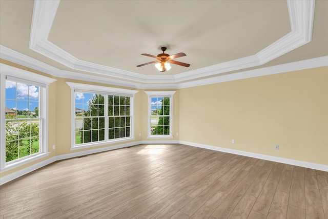 spare room featuring light wood-type flooring, a tray ceiling, and ceiling fan