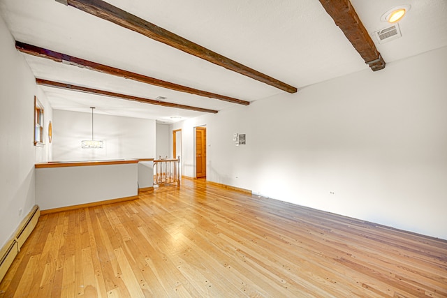 unfurnished living room featuring light wood-type flooring, a baseboard heating unit, and beam ceiling