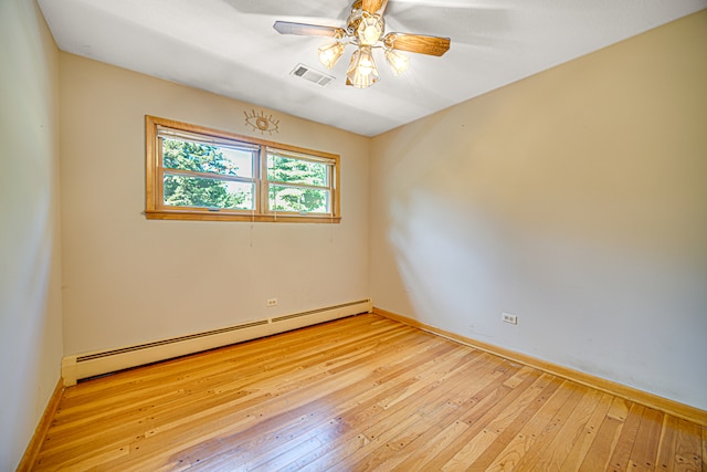 spare room featuring a baseboard radiator, light hardwood / wood-style floors, and ceiling fan