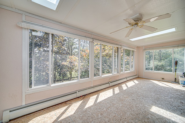 unfurnished sunroom with a baseboard heating unit, ceiling fan, and a skylight