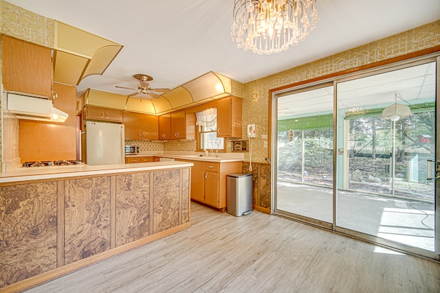 kitchen featuring light hardwood / wood-style flooring, stainless steel appliances, ceiling fan with notable chandelier, and kitchen peninsula