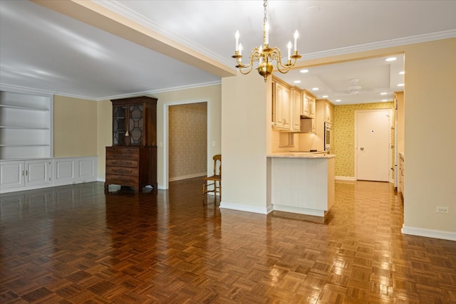 unfurnished living room with crown molding, built in shelves, dark parquet flooring, and a notable chandelier