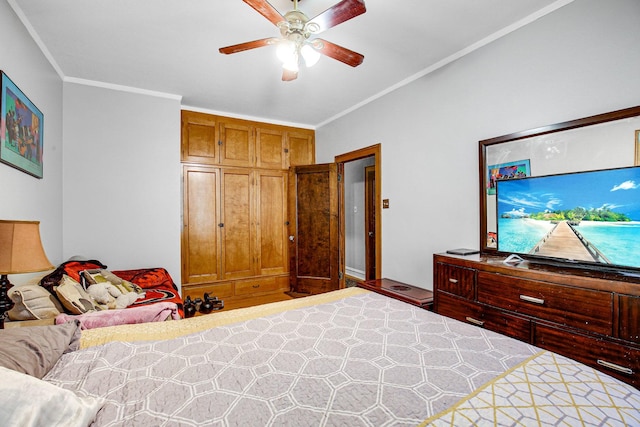 bedroom featuring ceiling fan and crown molding