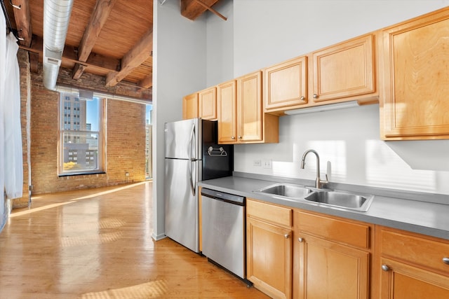 kitchen featuring appliances with stainless steel finishes, sink, wooden ceiling, beamed ceiling, and light hardwood / wood-style flooring