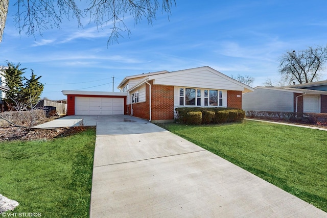 ranch-style home with a garage and a front lawn