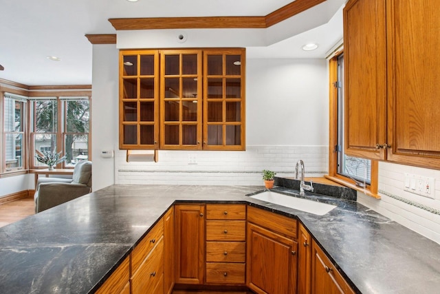 kitchen featuring backsplash, sink, wood-type flooring, and ornamental molding