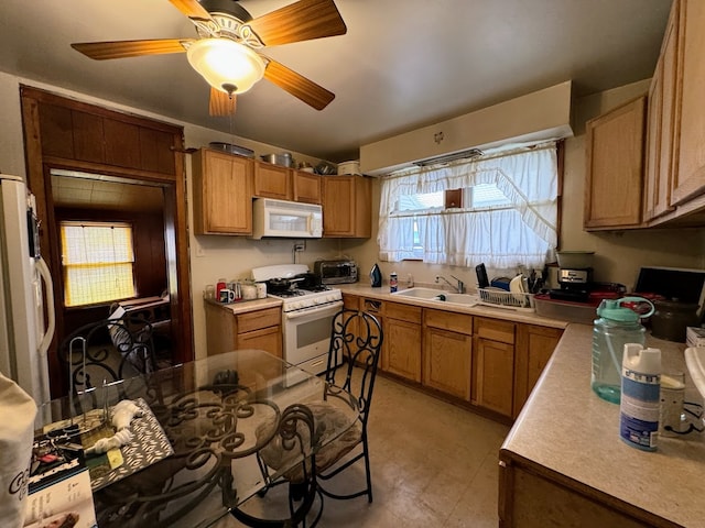 kitchen with plenty of natural light, ceiling fan, sink, and white appliances