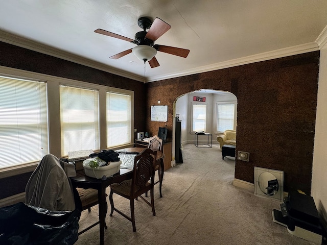 carpeted dining area featuring ceiling fan and ornamental molding